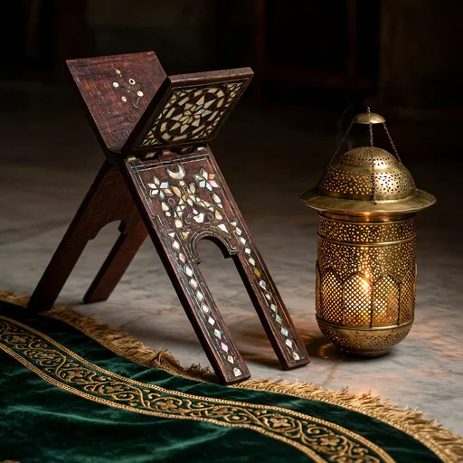 Ornate carved Quran stand with mother-of-pearl inlay beside a glowing brass lantern