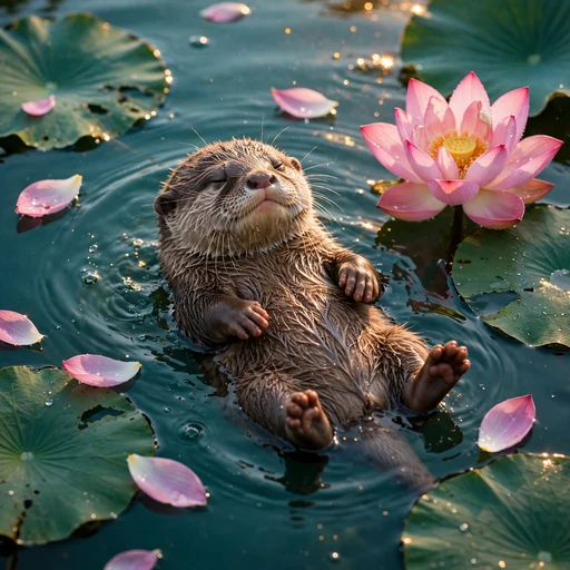 Baby otter floating on its back among lotus flowers on a teal pond