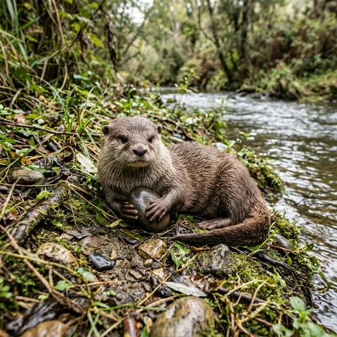 A small otter rests on a riverbank holding a smooth pebble against its chest
