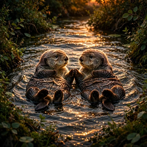 Two sea otters holding paws while floating in a golden river at sunset, cute friendship DP