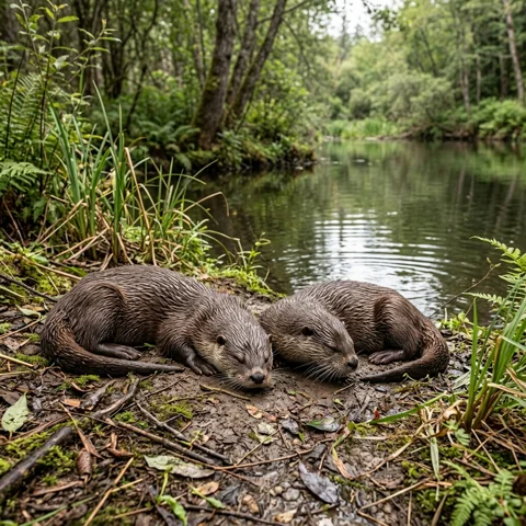 Two otters lie side by side at the edge of a peaceful pond