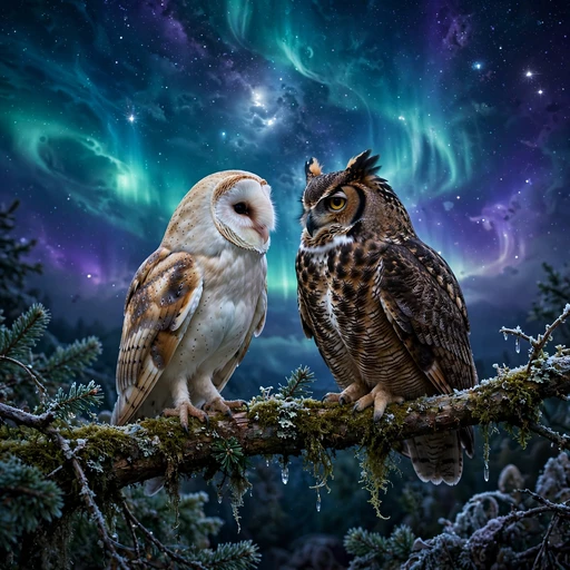 Two owls perched together on a moonlit branch under the aurora, friendship WhatsApp DP