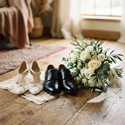 A pair of elegant wedding shoes and classic dress shoes sit beside a bridal bouquet, tasteful still life