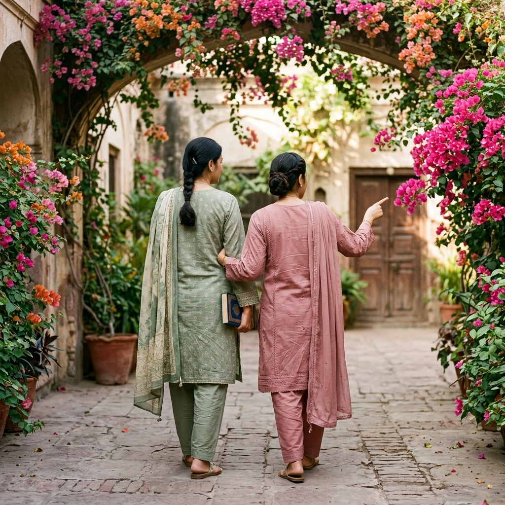 Two women in modest embroidered Pakistani outfits walk together beneath bright bougainvillea in a courtyard