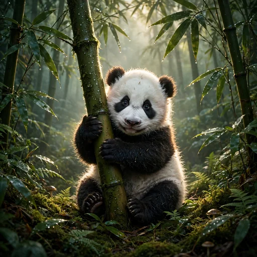 Baby panda cub hugging a bamboo stalk in a misty forest at dawn, cute WhatsApp DP