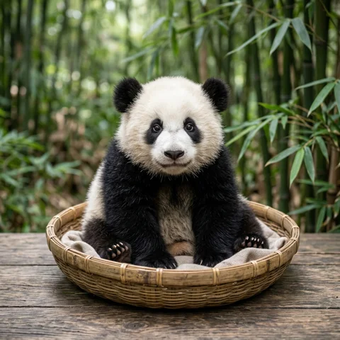 A panda cub sits inside a broad shallow bamboo basket