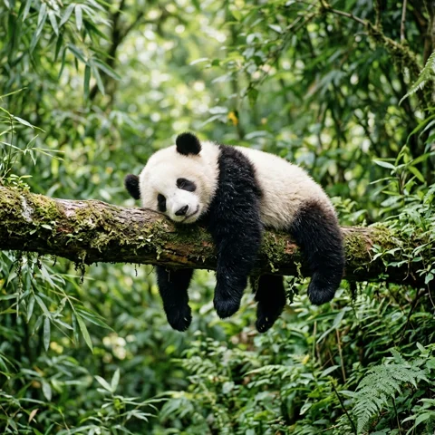 A panda cub sprawls across a low tree branch with relaxed paws