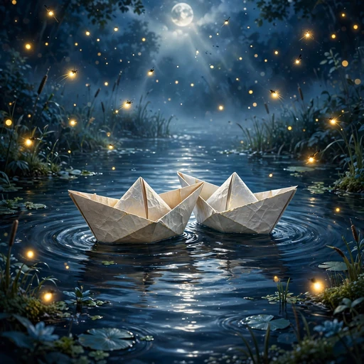 two paper boats on a moonlit pond friendship DP