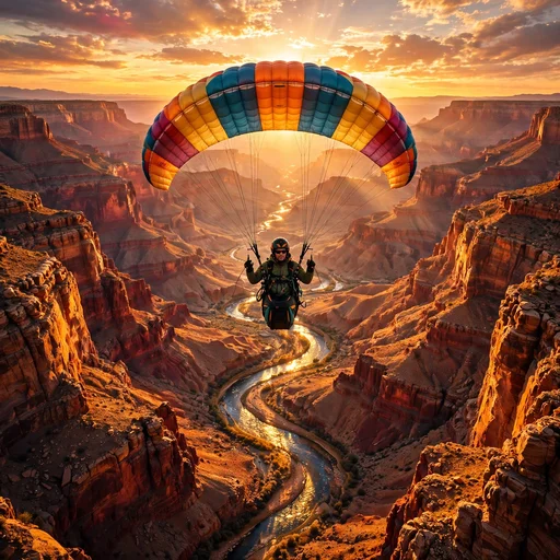 Colorful paraglider soaring over a golden canyon at sunset, motivational DP