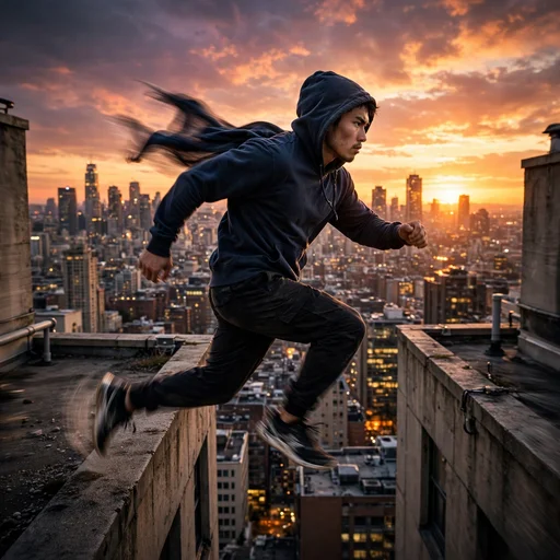 parkour runner leaping between rooftops at sunset attitude dp