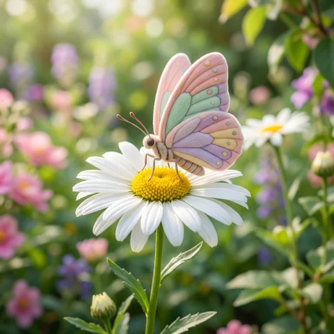A soft 3D pastel butterfly rests on one large white daisy against a blurred garden