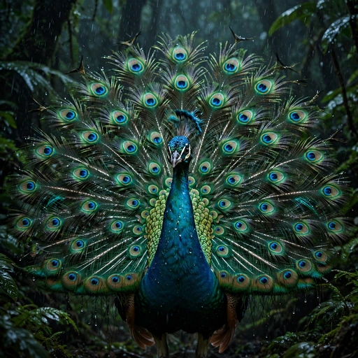 Peacock displaying iridescent tail feathers in monsoon rain, square nature WhatsApp DP