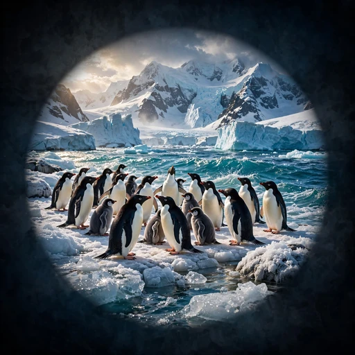 Penguin colony on an Antarctic shore, nature DP