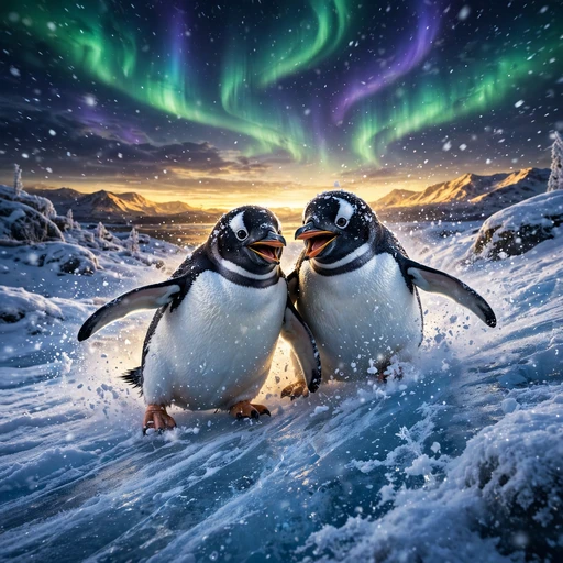 Two joyful penguins sliding down a snowy slope under the aurora, funny friendship DP