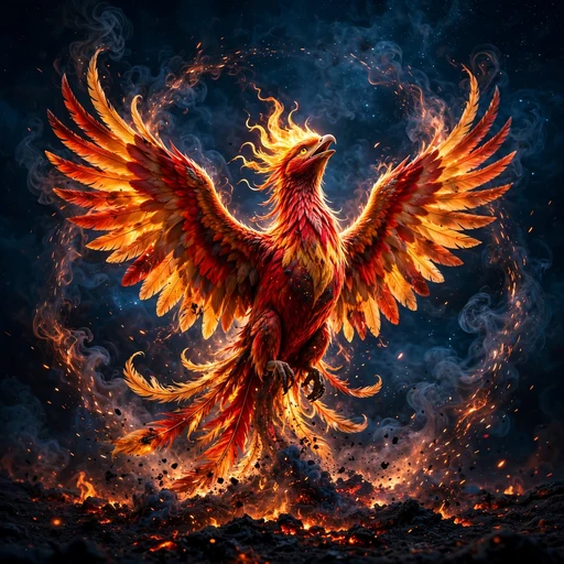 Blazing phoenix rising from embers into a midnight sky, motivational DP