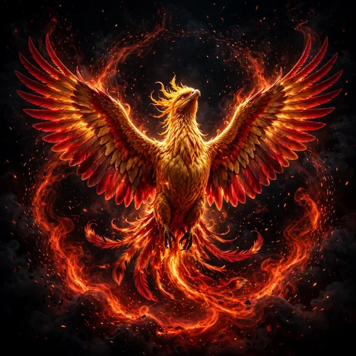 phoenix rising from flames against dark night sky, motivational wallpaper