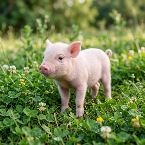 A tiny pink piglet stands in a lush clover patch