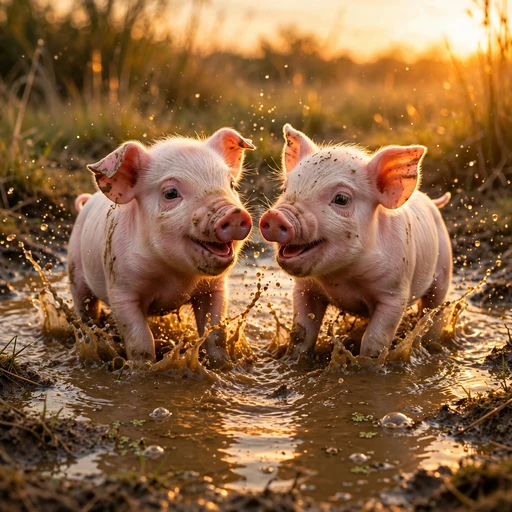 Two baby piglets splashing together in a golden mud puddle at sunset, friendship WhatsApp DP