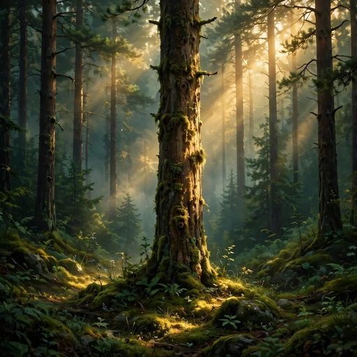 pine forest morning mist sunbeams DP