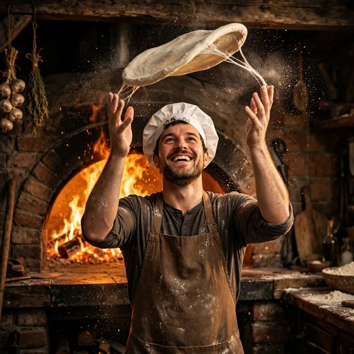pizza chef tossing dough at wood fired oven boys dp