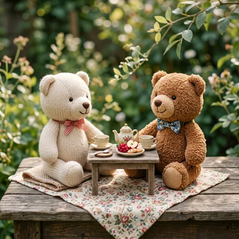 Two handmade plush bears sit at a miniature picnic with tiny fruit and teacups