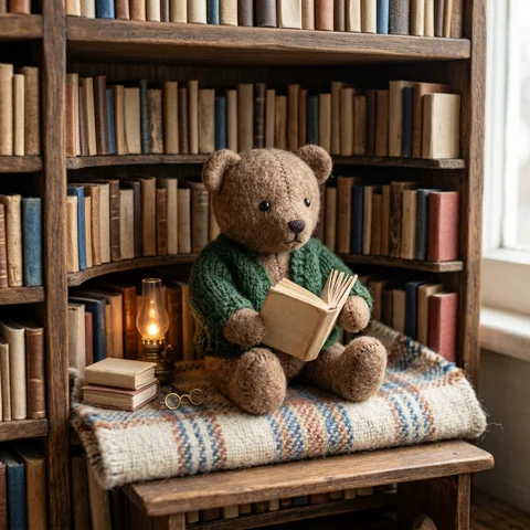 A handmade plush teddy bear sits in a miniature reading nook with blank books