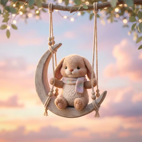 A soft plush bunny sits on a crescent-shaped swing against a dreamy pastel sky