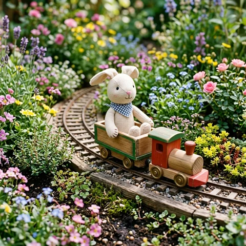 A handmade plush bunny rides a small wooden toy train through a miniature flower garden