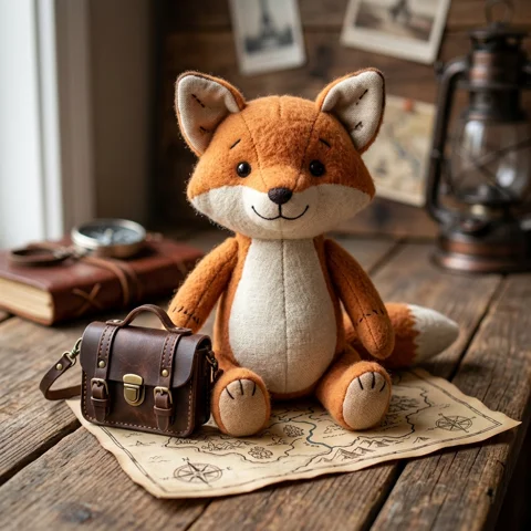 A handmade plush fox sits beside a miniature travel satchel and a map with no writing