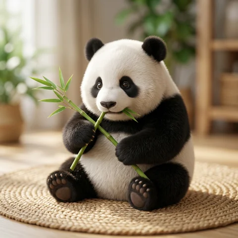 A rounded plush panda holds one fresh bamboo sprout on a textured mat