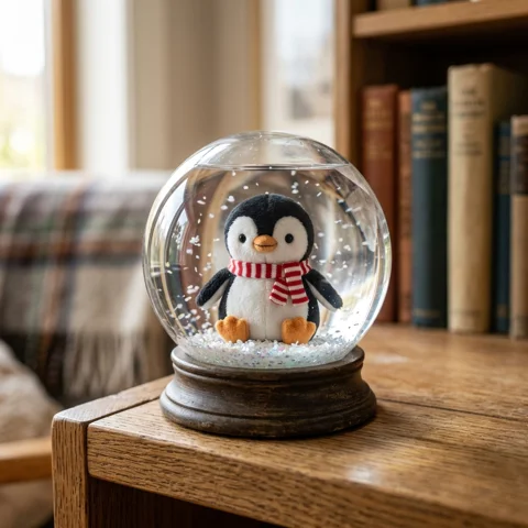 A tiny plush penguin sits inside a clear decorative snow globe without a label