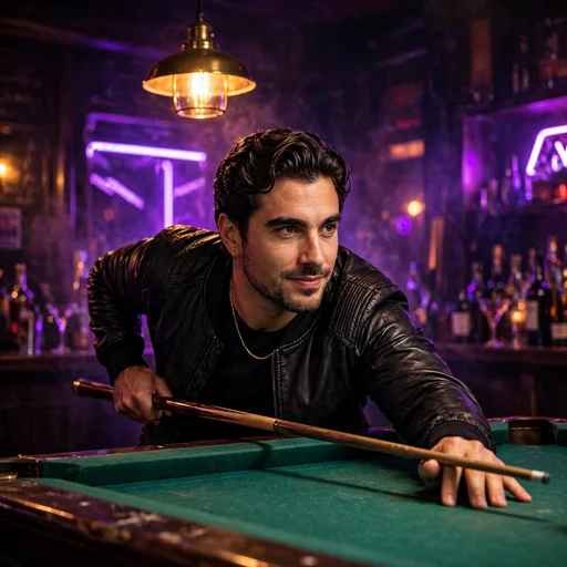 man lining up pool shot in neon bar attitude dp