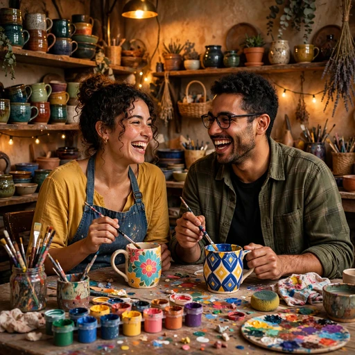 Two friends laughing while painting ceramic mugs in a cozy pottery studio, friendship DP