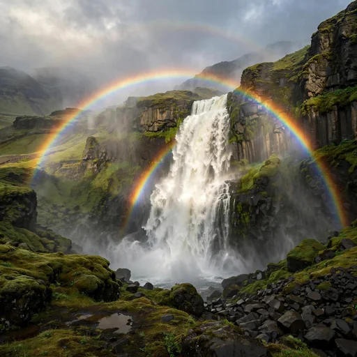 Powerful waterfall in Iceland with a vivid rainbow arcing through its mist