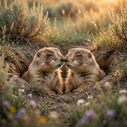 Two prairie dogs greeting each other at their burrows at golden hour