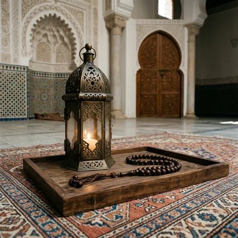 Dark prayer beads rest beside an ornate brass lantern on a wooden tray