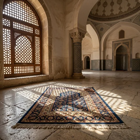 A geometric prayer mat lies flat beneath patterned light from a lattice window