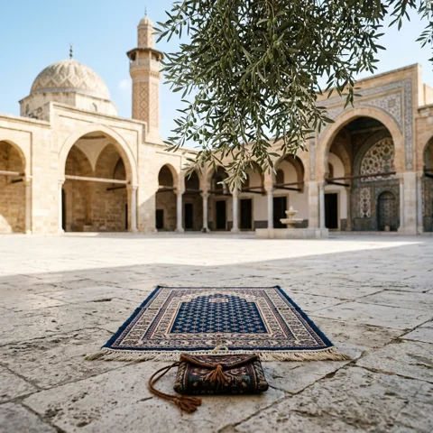 A prayer mat and small pouch rest beneath an olive branch on a pale stone surface