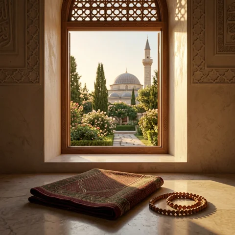 A folded prayer mat and wooden prayer beads rest beside a sunlit garden window