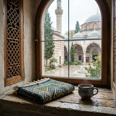 A folded prayer mat and ceramic cup sit beside a rain-speckled window