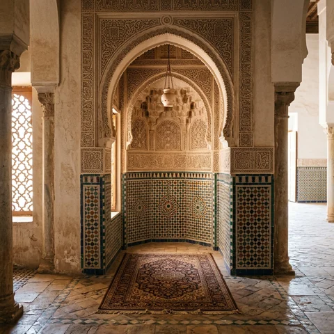 A prayer mat rests in a quiet sunlit alcove with a pointed arch