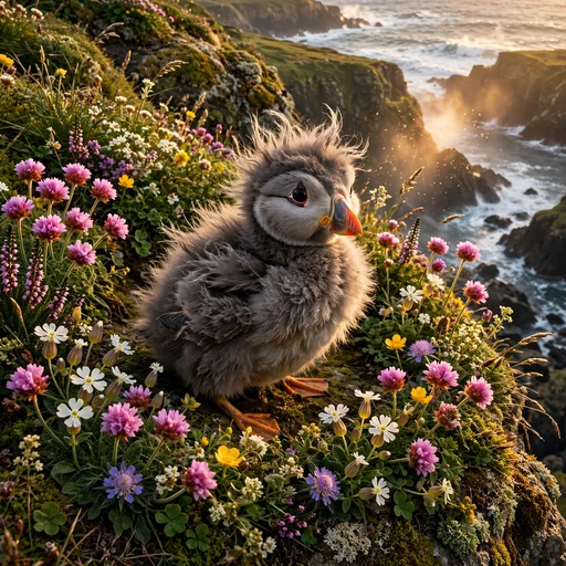 Fluffy puffin chick standing among wildflowers on a sea cliff at golden hour, cute WhatsApp DP