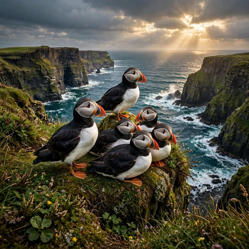 Colorful puffins perched on a grassy sea-cliff edge with crashing waves, nature DP
