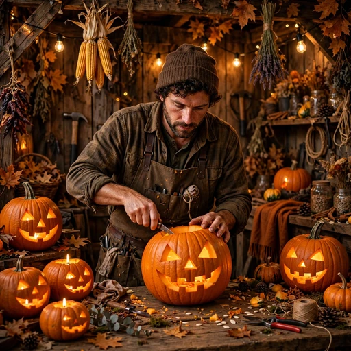man carving pumpkin in autumn workshop boys dp