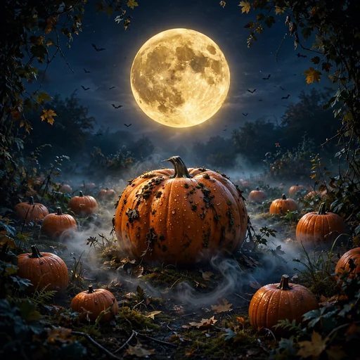 Pumpkin patch under a huge golden harvest moon at night, WhatsApp DP