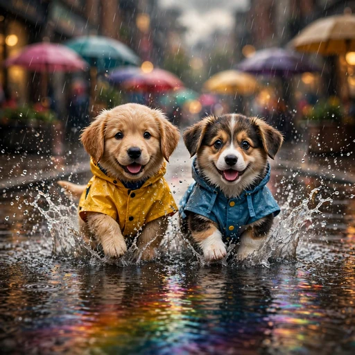Two puppies in tiny raincoats splashing in a rain puddle, friendship WhatsApp DP