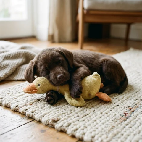A chocolate puppy cuddles a fabric duck toy on a rug
