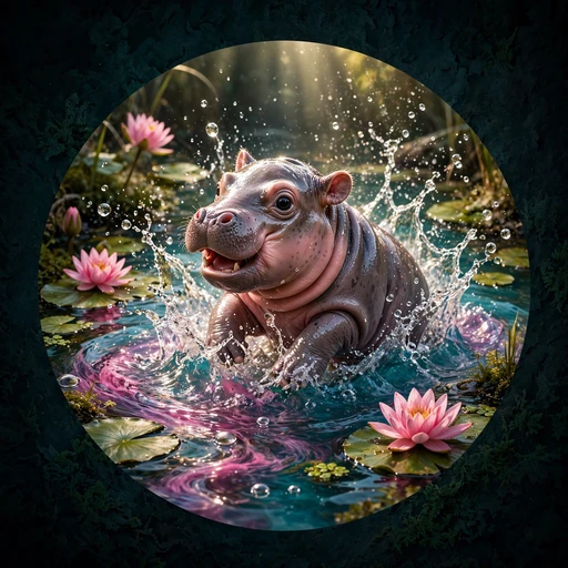 baby pygmy hippopotamus with glossy pink-grey skin splashing joyfully in a turquoise pond with pink water lilies and flying droplets. cute dp