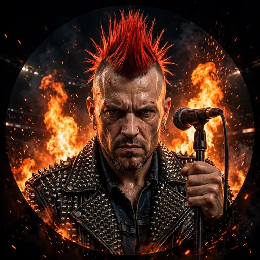 fictional adult punk singer man with red mohawk and studded jacket on pyro-lit stage attitude dp