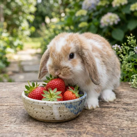 A small lop-eared rabbit sniffs strawberries in a ceramic dish